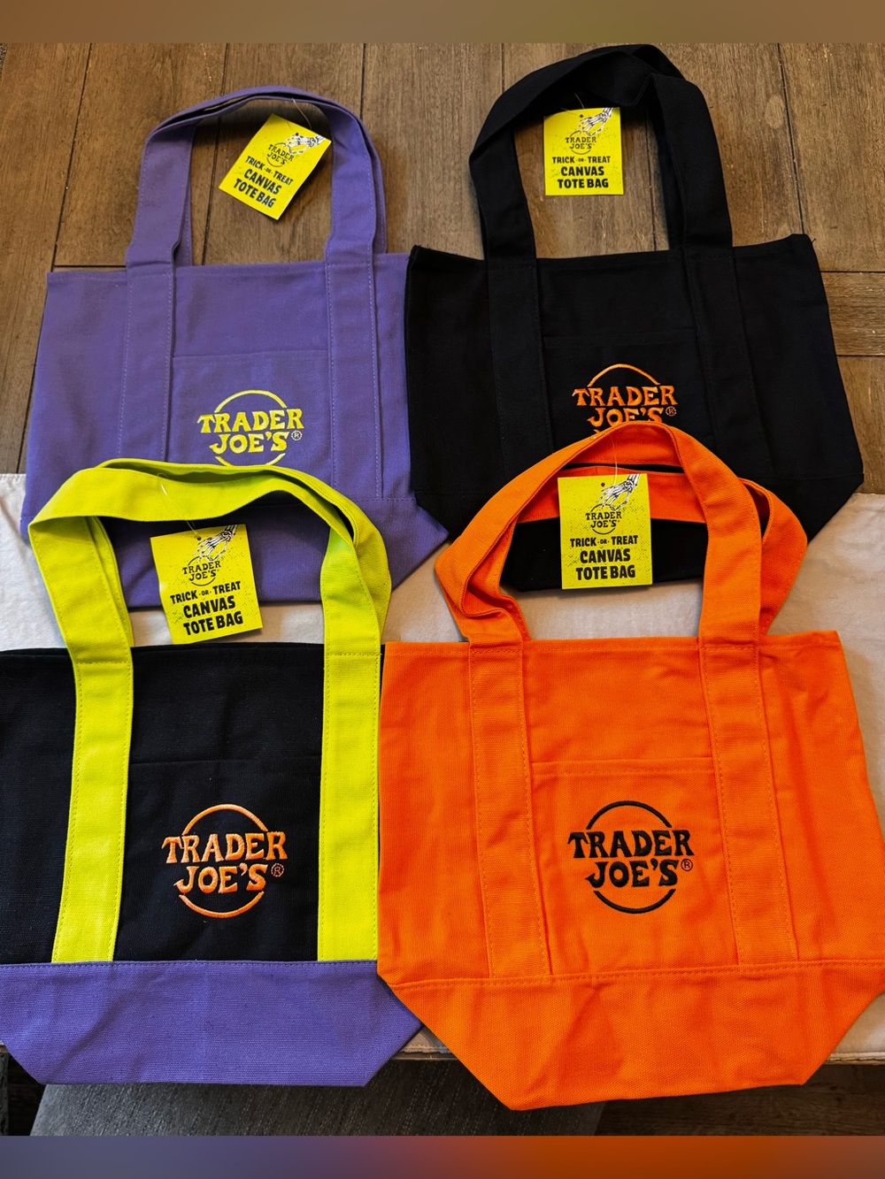 Trader Joe's NWT Canvas Tote Bag — Orange, Purple, Black, Neon Yellow